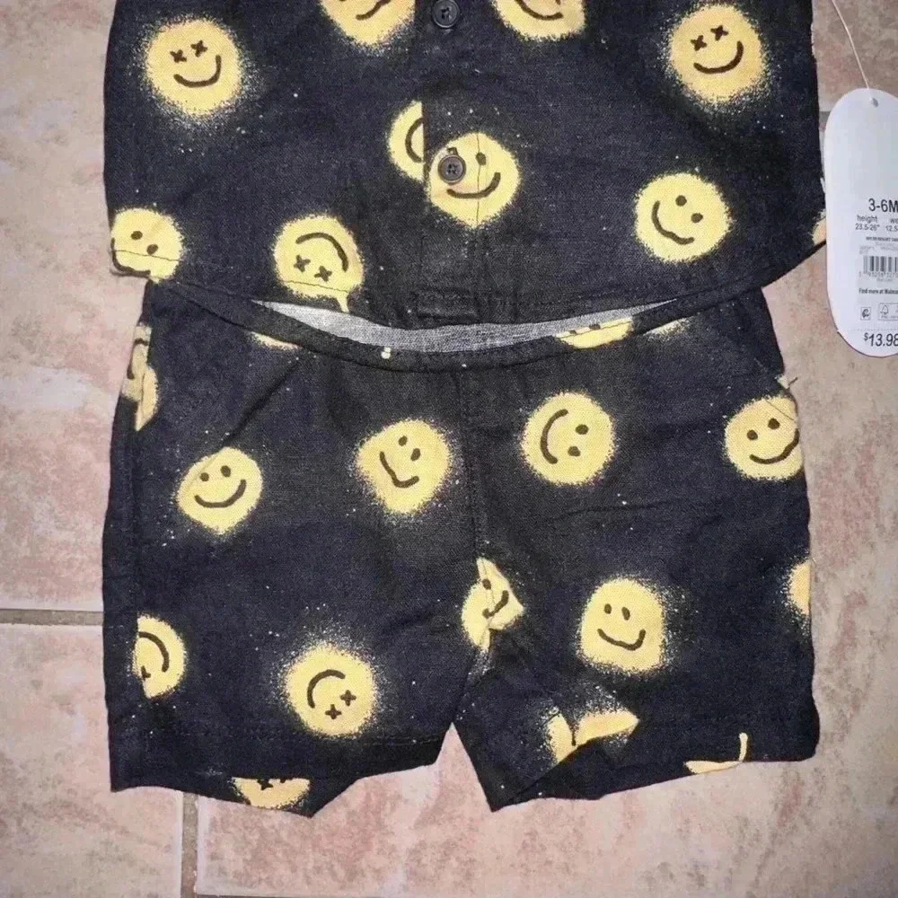 Boy,Wonder Nation,Smiley Face, Short Sleeve Shirt & Shorts Set 3-6M Black Yellow